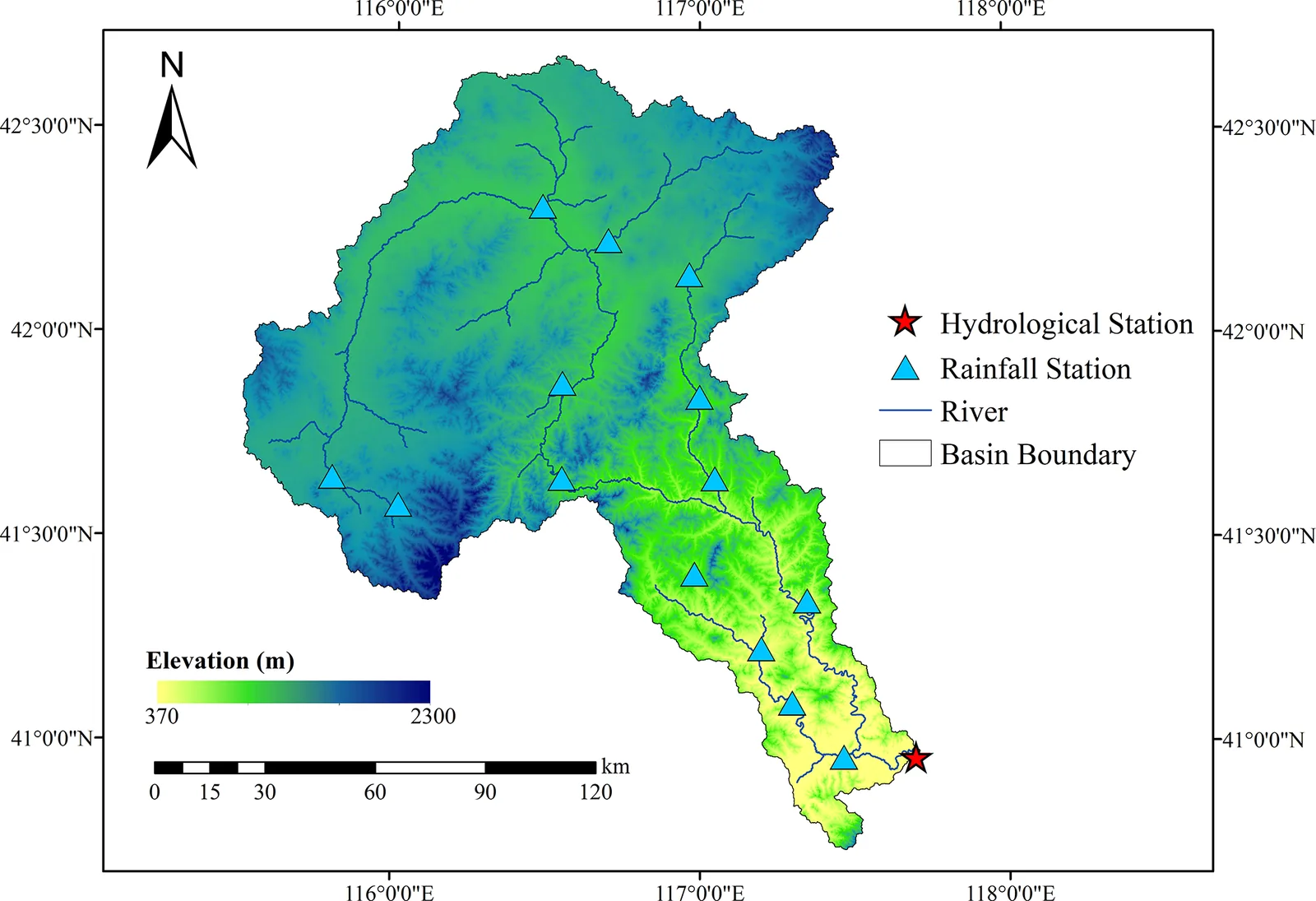 Map of the Luan River study basin showing the locations of the hydrological and rainfall stations.