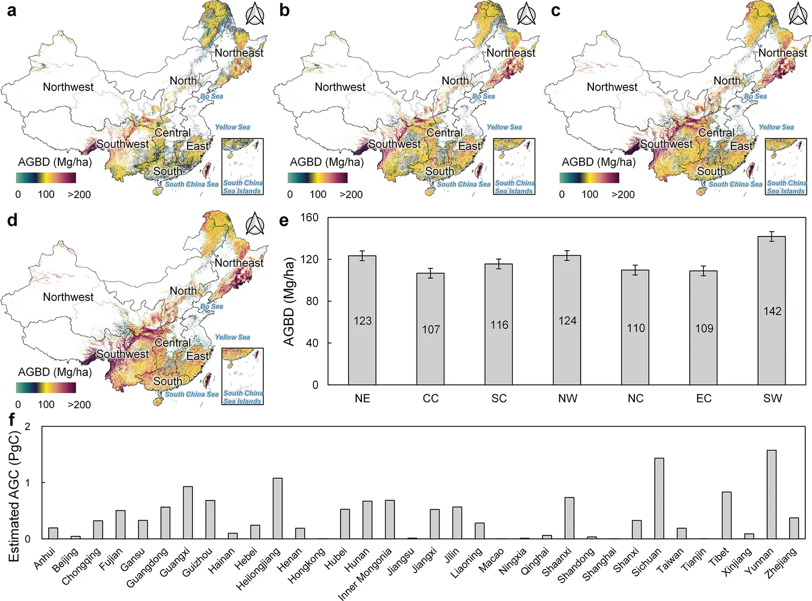 Maps of forest biomass density across China for 1985, 2000, 2015 and 2023, with regional mean density and provincial carbon stock summaries.