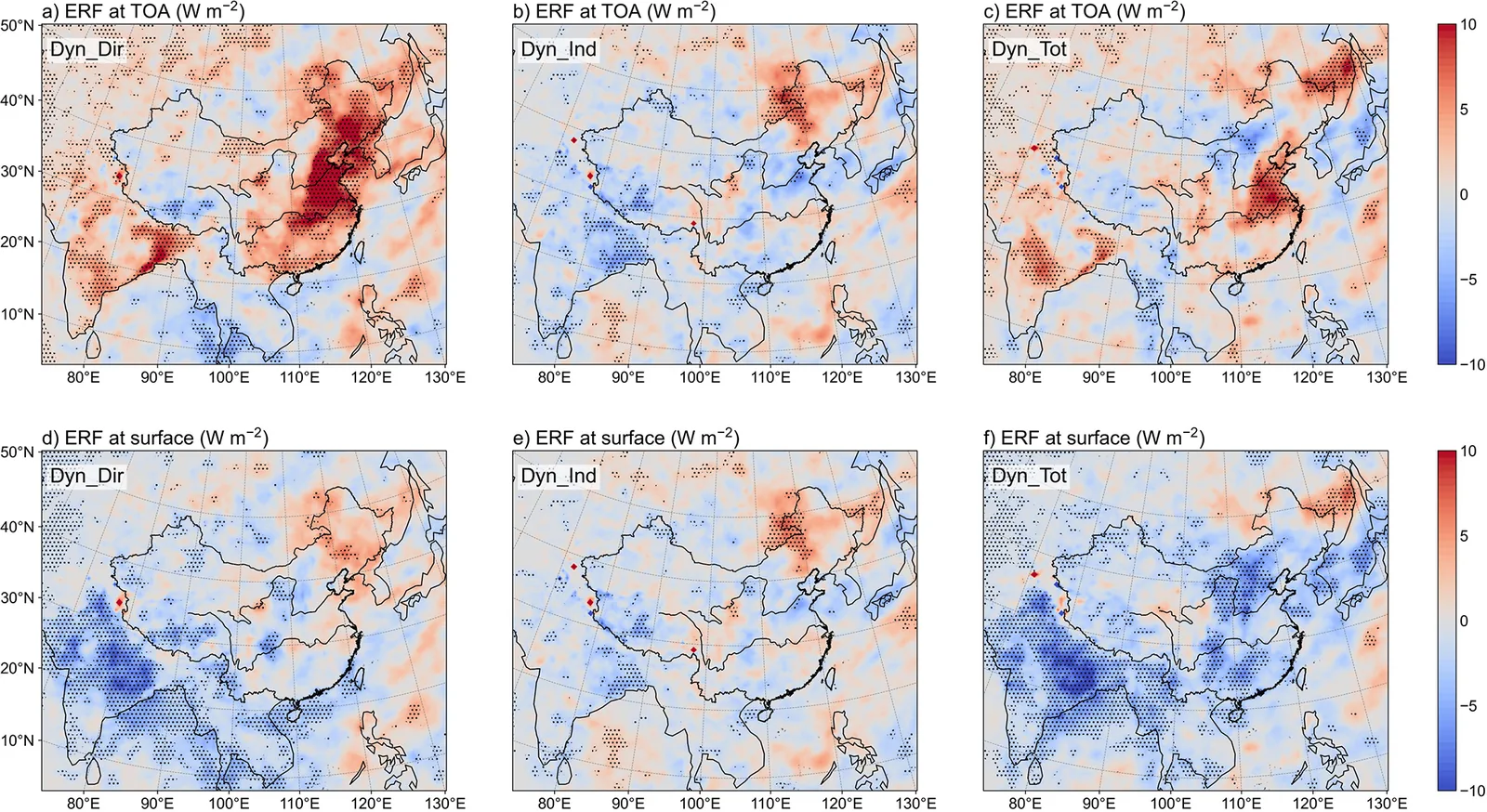 Maps of black carbon effective radiative forcing at the top of the atmosphere and at the surface over East Asia for the direct, cloud-mediated and combined experiments.