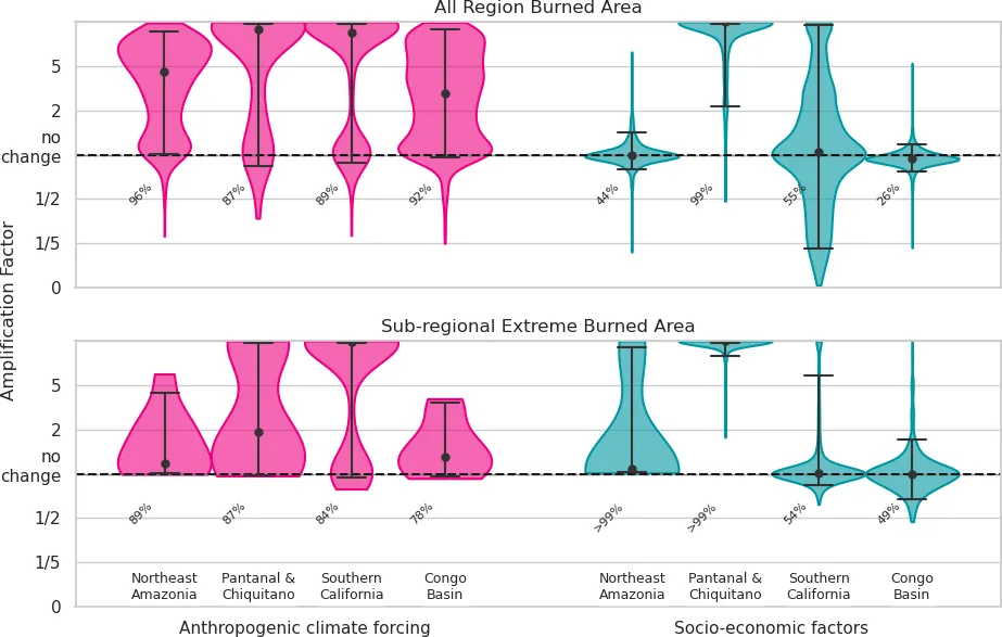 Distributions of how much anthropogenic climate forcing and socioeconomic factors changed burned area in each of the four focal regions, with the likelihood that each factor increased burning.