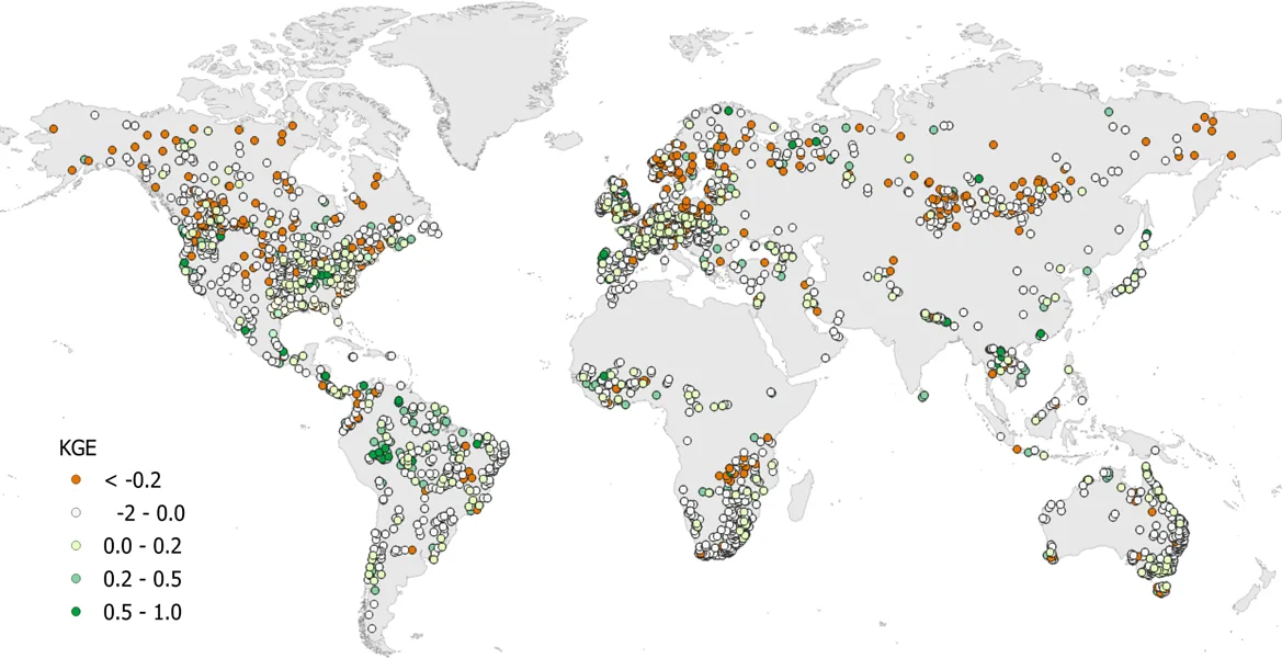 World map of Kling–Gupta Efficiency scores for simulated monthly river discharge at gauging stations, from the uncalibrated model for 1982–1990.