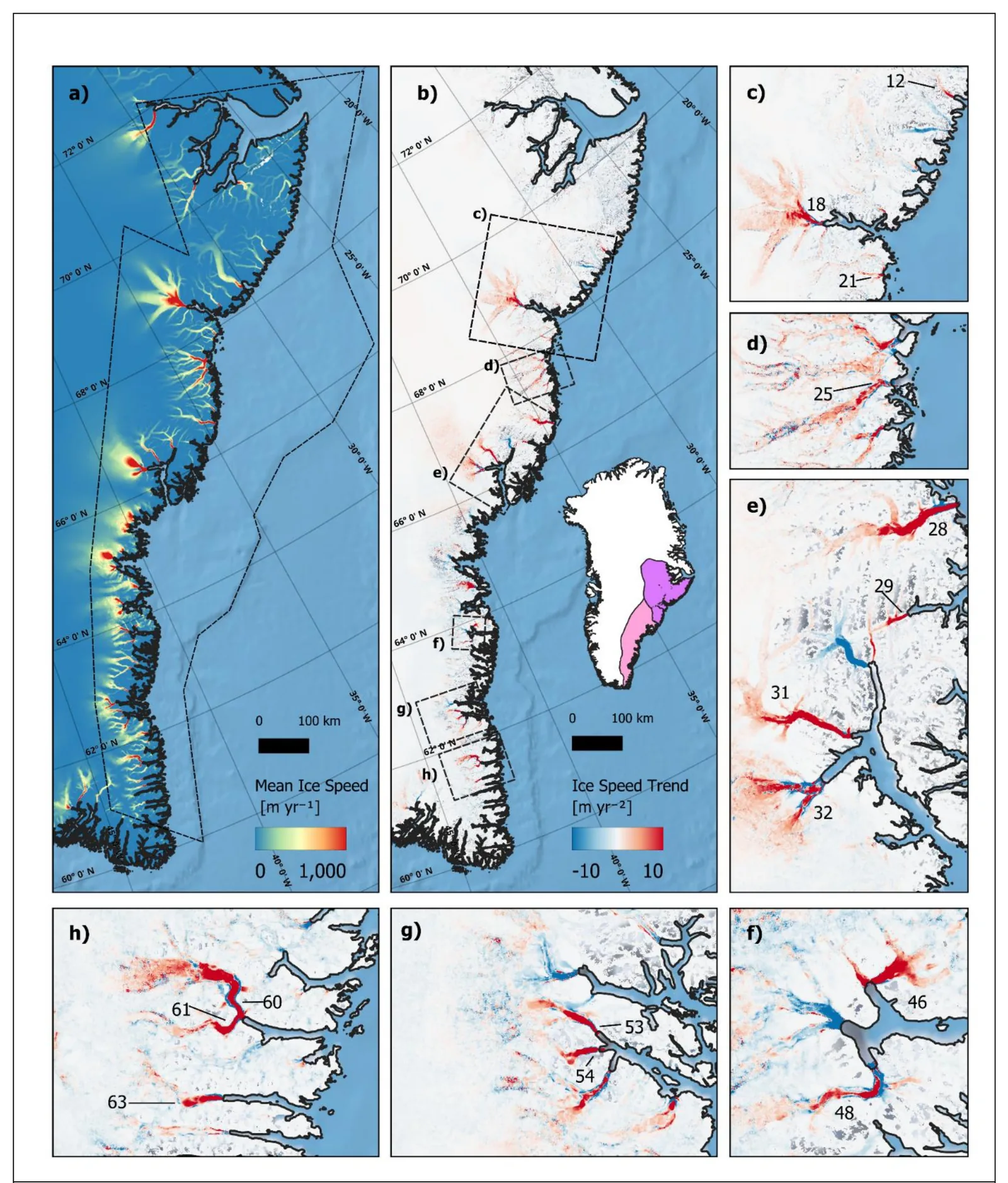Mean ice speed across central and southeast Greenland from October 2014 to August 2025, showing acceleration from 2016, a peak around 2020, and partial slowdown afterward.