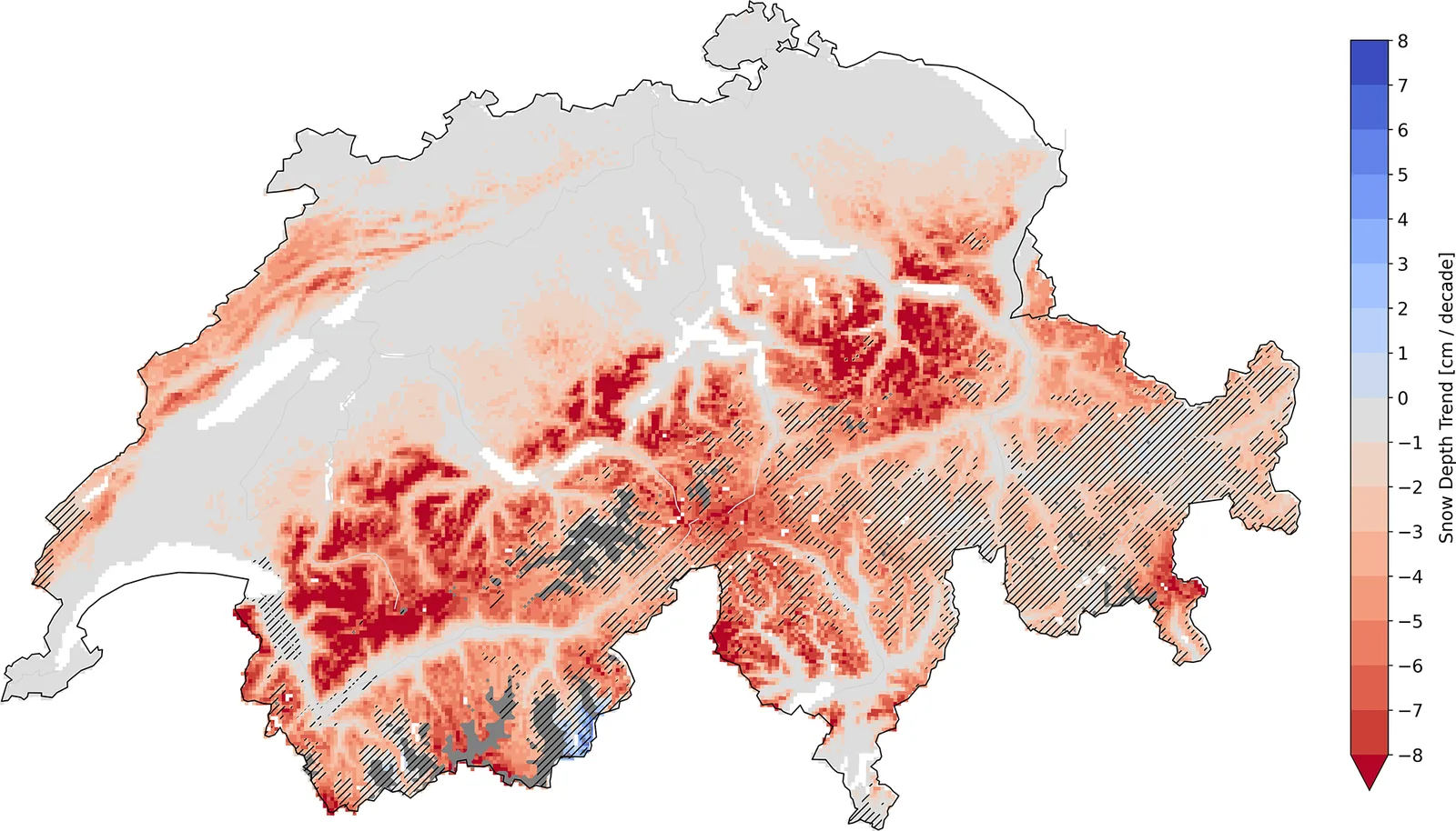 Map of Switzerland showing the trend in yearly mean snow depth per decade at each 1 km grid point from 1962 to 2023, with hatching marking non-significant trends.