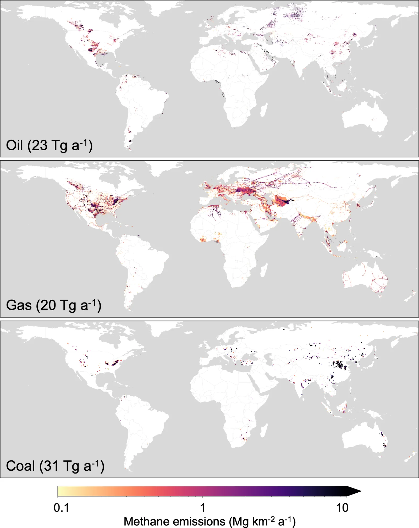 World maps of GFEI v3 methane emissions for 2020 from oil, gas and coal, showing hotspots in producing regions, with sector totals inset.