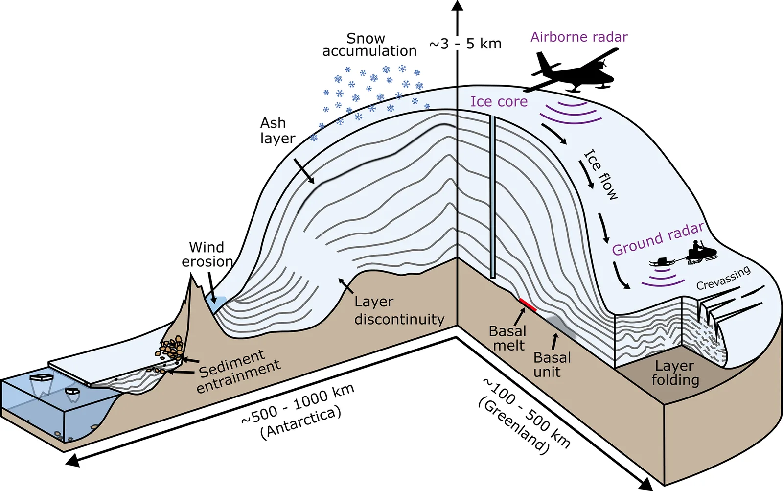 Schematic cross-section of an ice sheet showing grey internal layers between the surface and bed and the processes that shape them.