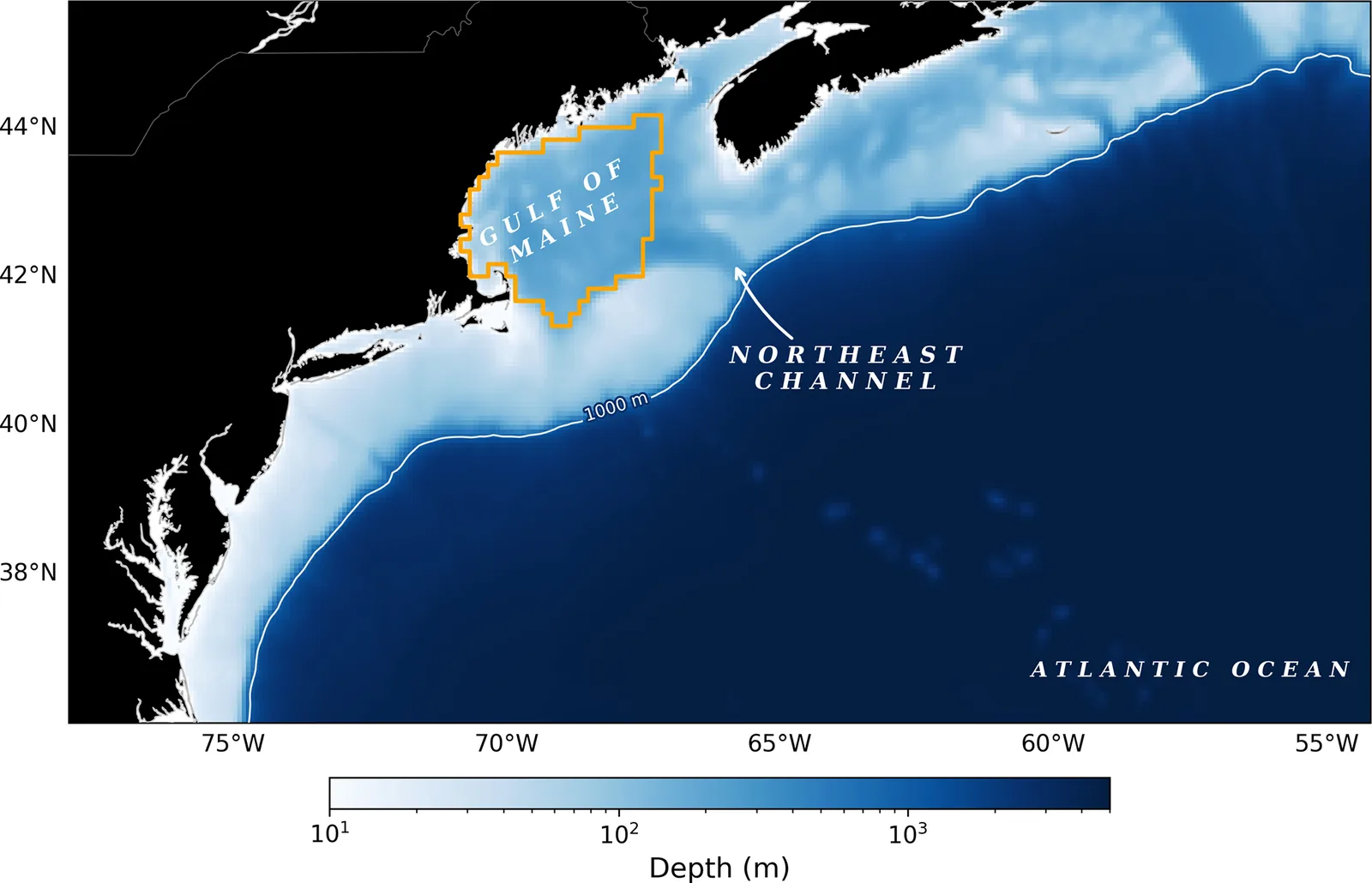 Map of the Northeast US continental shelf showing the Gulf of Maine Ecological Production Unit, the Northeast Channel, model bathymetry and the 1000 m depth line.