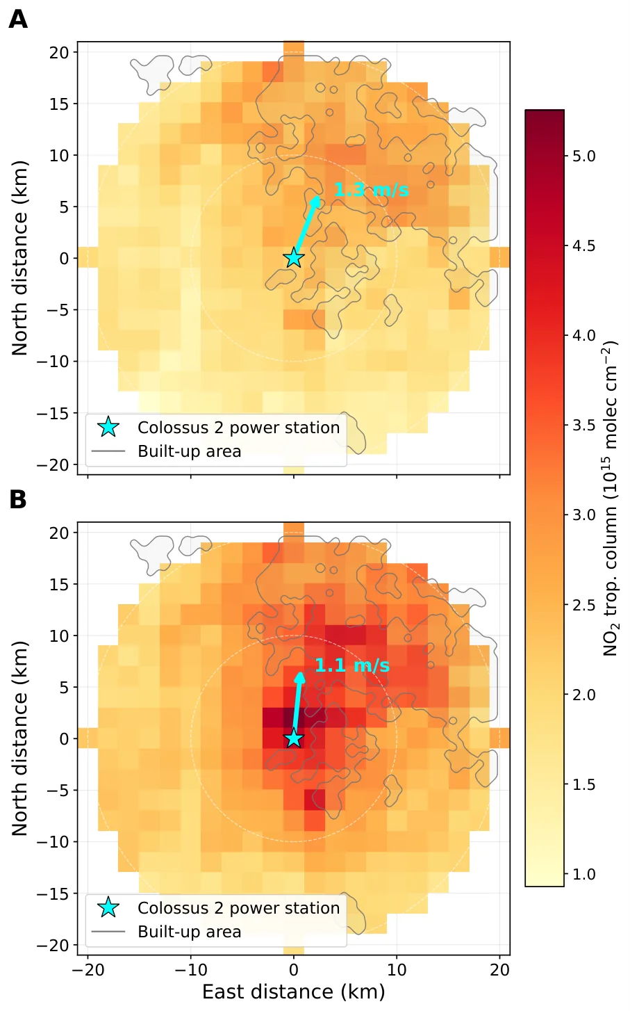 Two maps of satellite NO2 columns within 20 km of the Colossus 2 plant, showing higher values just north of the plant in 2026 after operations began than in 2025.