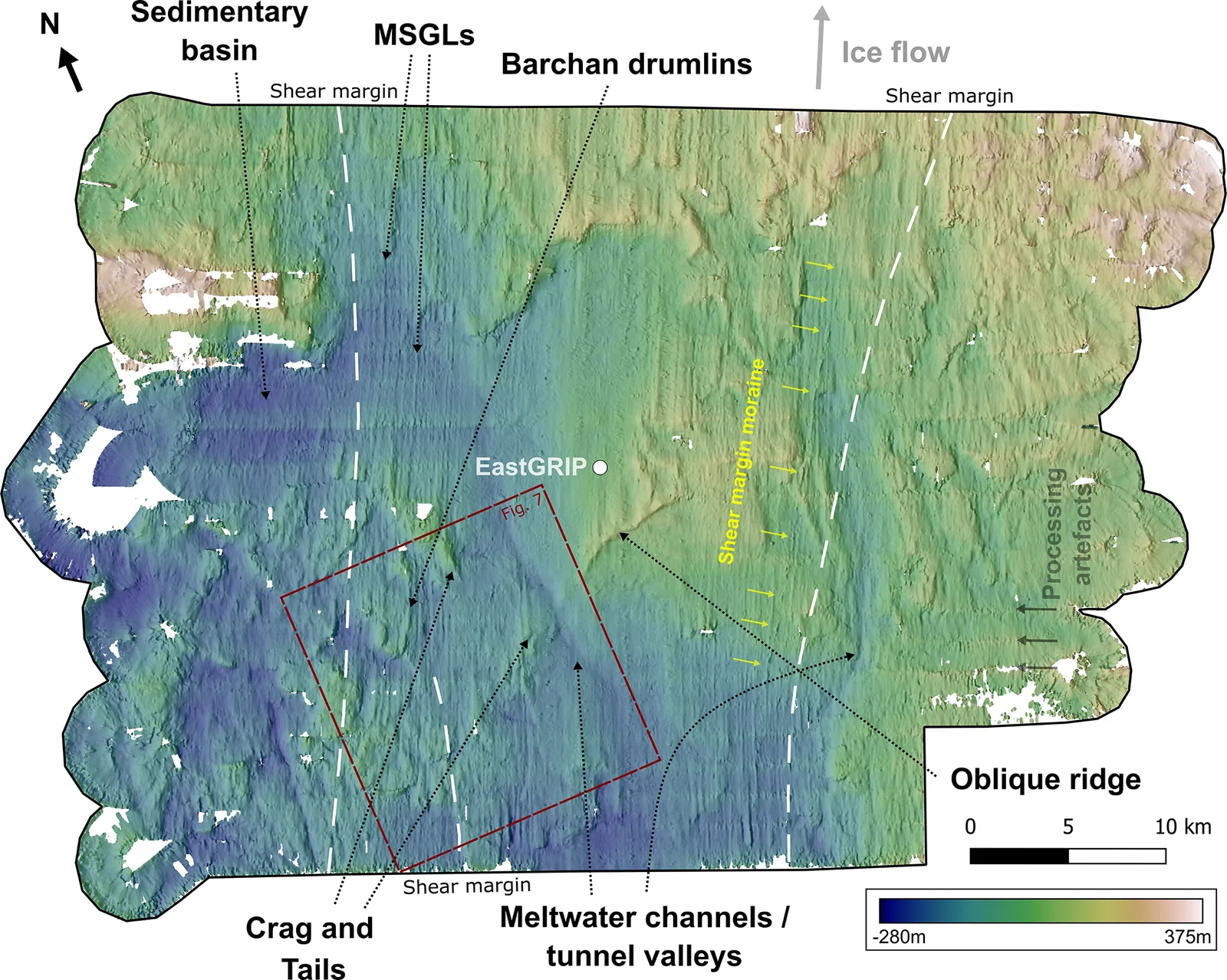 Hill-shaded map of the bed beneath the ice stream onset showing lineations, crag and tails and other landforms, with the shear margin line and flow direction marked.