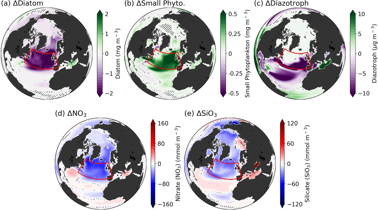 Maps of the North Atlantic and Arctic showing how each plankton type and the nutrients nitrate and silicate differ between the CO2 down period and the early climatology period.
